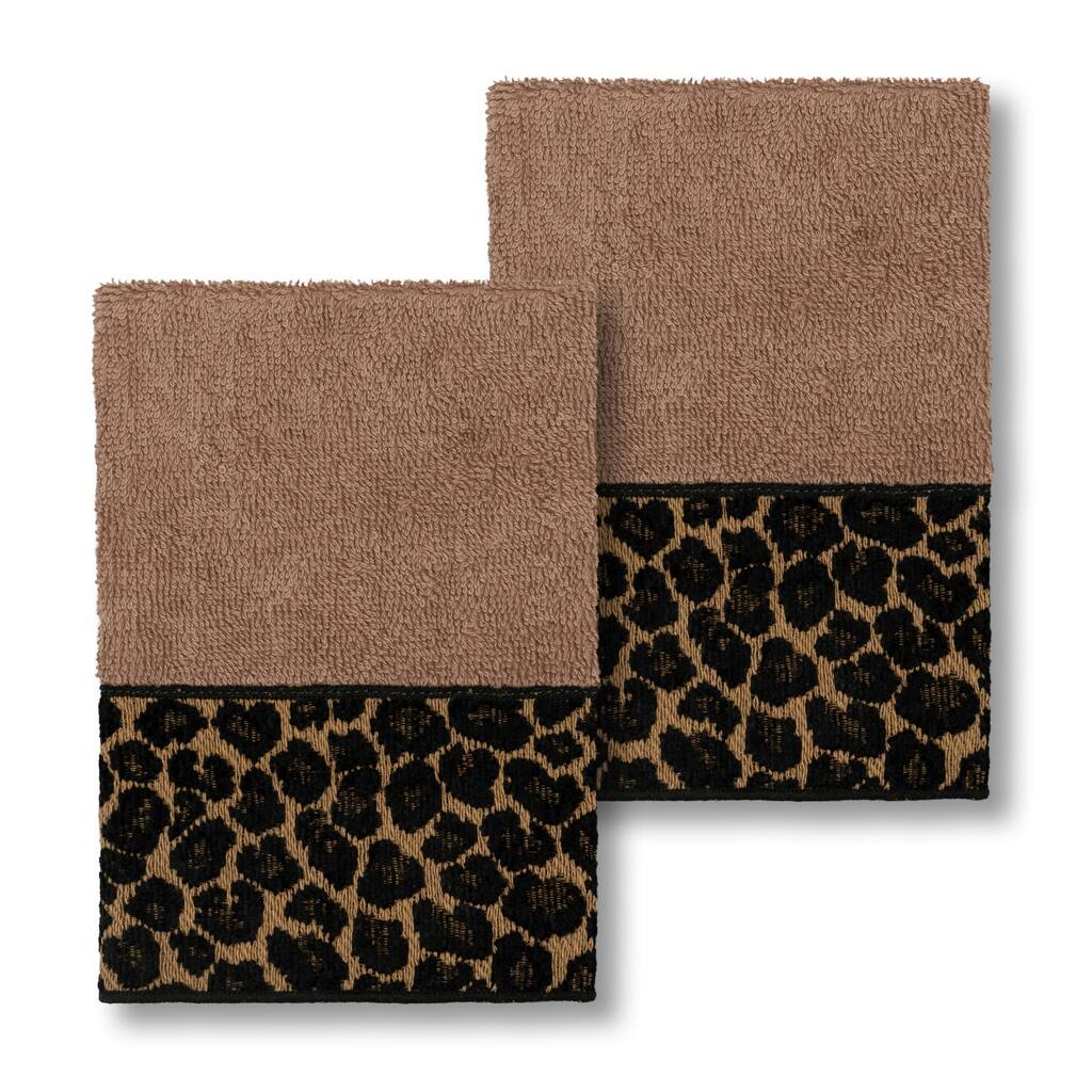 Authentic Hotel and Spa Turkish Cotton Cheetah Jacquard Trim Latte Brown 2-piece Washcloth Set