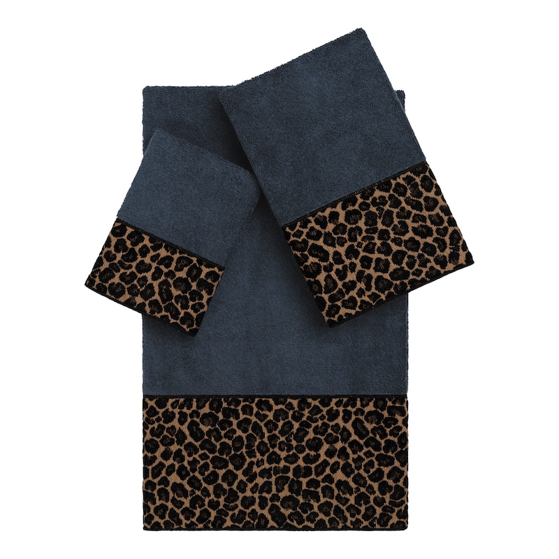 Authentic Hotel and Spa Turkish Cotton Cheetah Jacquard Trim Midnight Blue 3-piece Towel Set