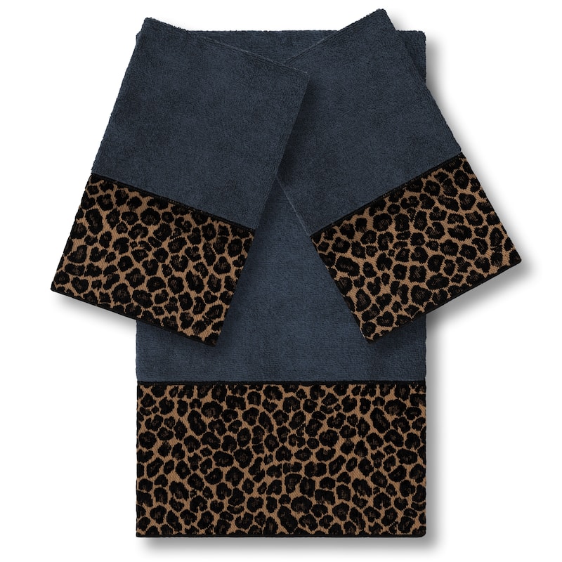 Authentic Hotel and Spa Turkish Cotton Cheetah Jacquard Trim Midnight Blue 3-piece Towel Set
