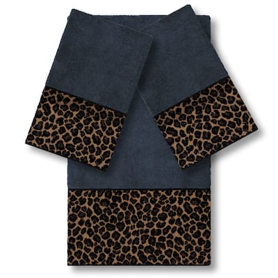 Authentic Hotel and Spa Turkish Cotton Cheetah Jacquard Trim Midnight Blue 3-piece Towel Set