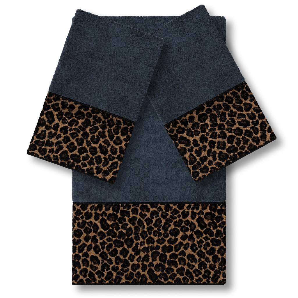 Authentic Hotel and Spa Turkish Cotton Cheetah Jacquard Trim Midnight Blue 3-piece Towel Set