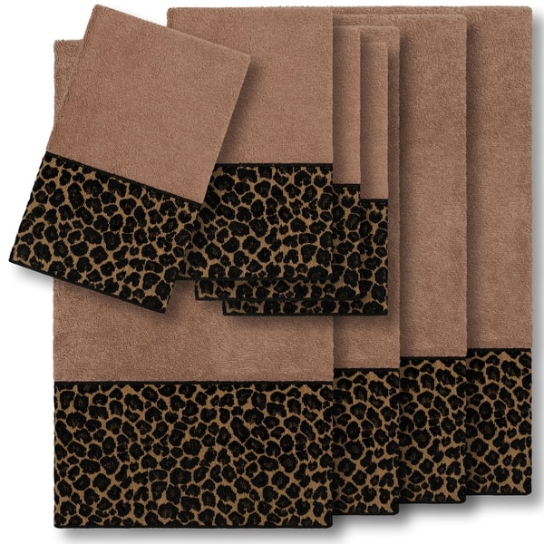 slide 2 of 5, Authentic Hotel and Spa Turkish Cotton Cheetah Jacquard Trim Latte Brown 8-piece Towel Set