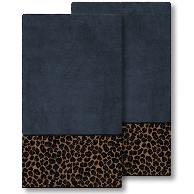 Authentic Hotel and Spa Turkish Cotton Cheetah Jacquard Trim Midnight Blue 2-piece Bath Towel Set