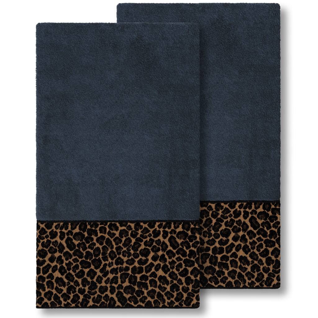 Authentic Hotel and Spa Turkish Cotton Cheetah Jacquard Trim Midnight Blue 2-piece Bath Towel Set