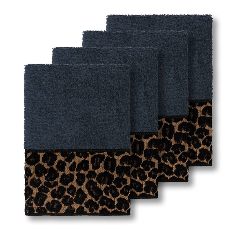 Authentic Hotel and Spa Turkish Cotton Cheetah Jacquard Trim Midnight Blue 4-piece Washcloth Set - Navy Blue