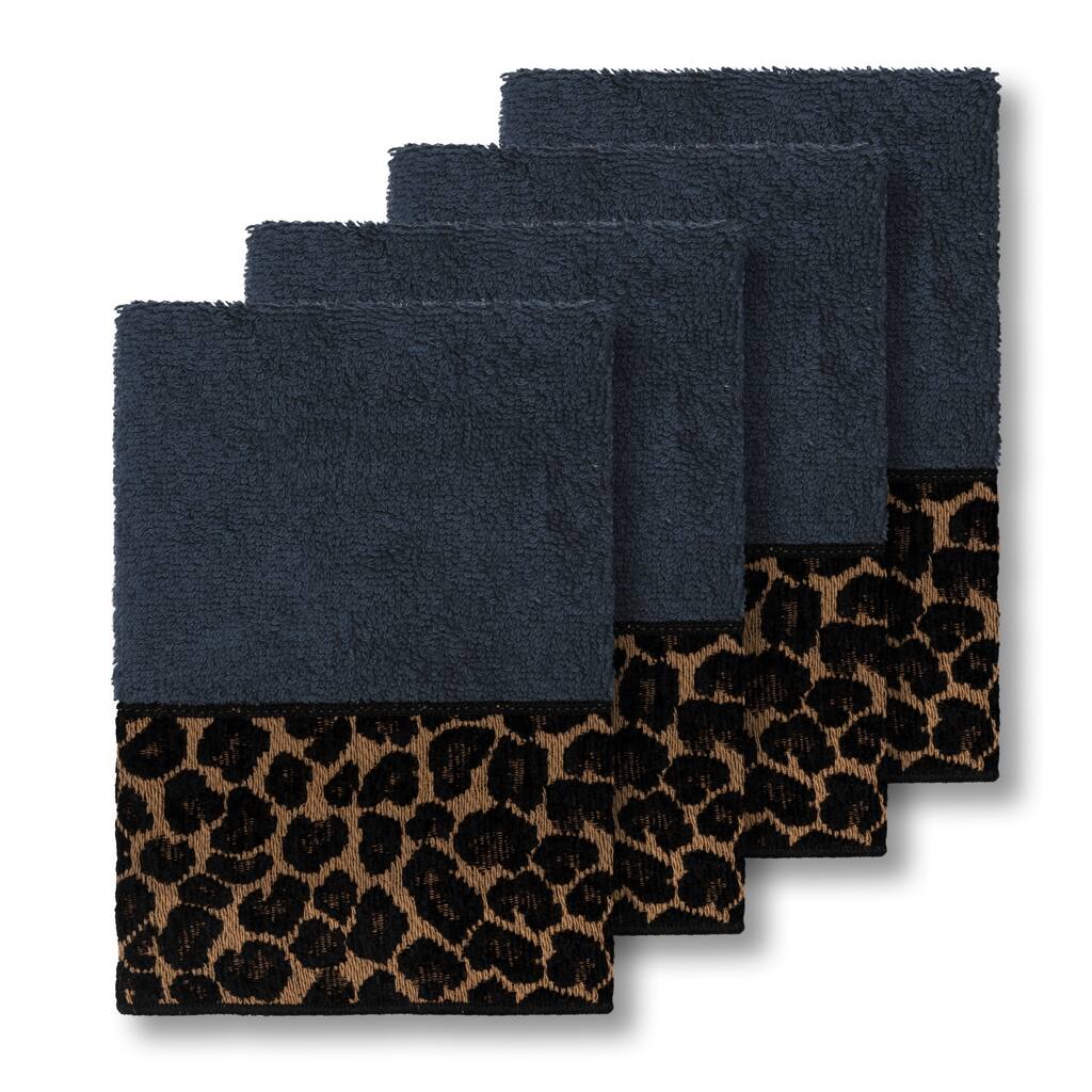 Authentic Hotel and Spa Turkish Cotton Cheetah Jacquard Trim Midnight Blue 4-piece Washcloth Set