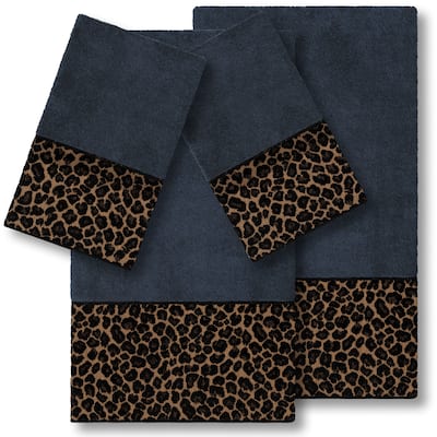 Authentic Hotel and Spa Turkish Cotton Cheetah Jacquard Trim Midnight Blue 4-piece Towel Set