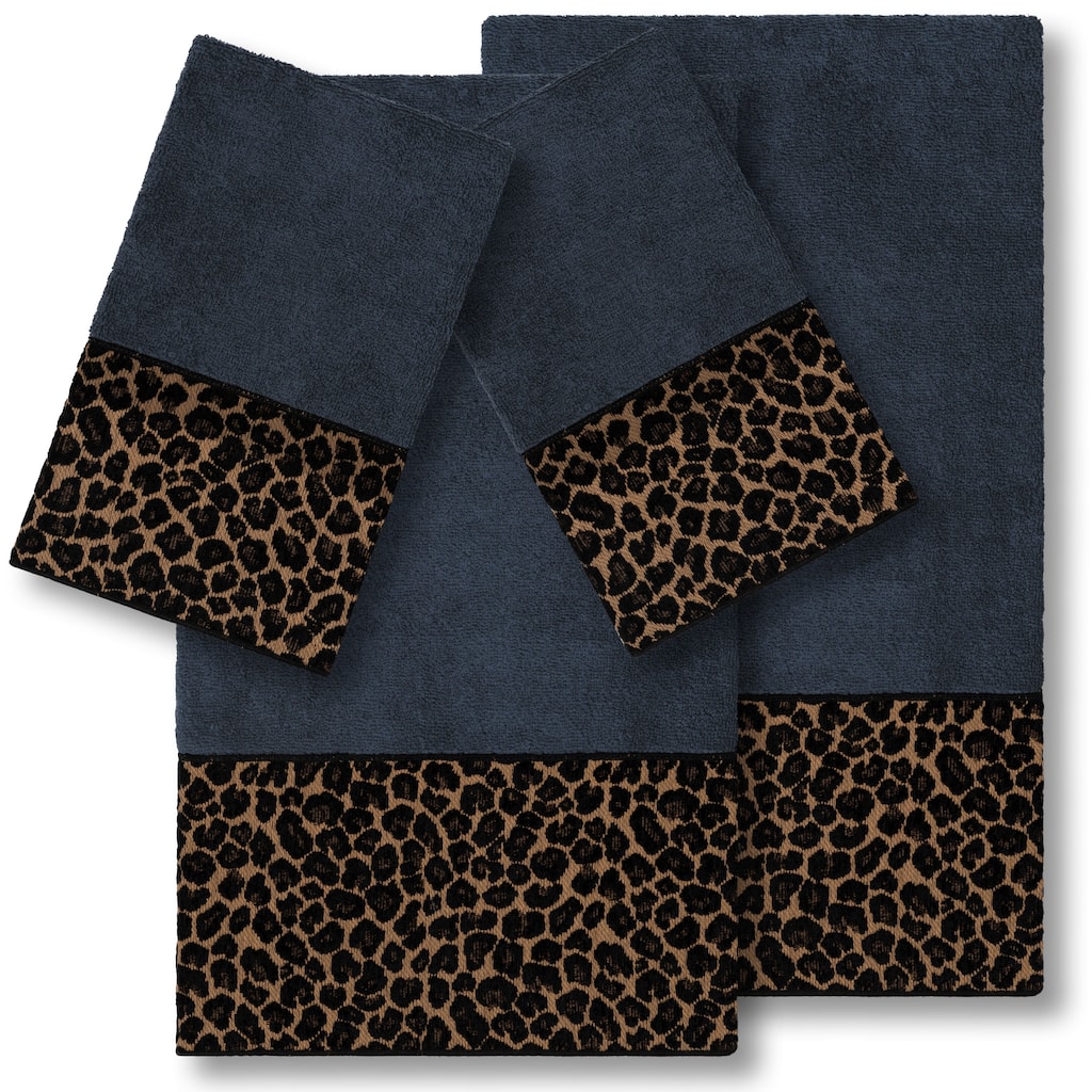 Authentic Hotel and Spa Turkish Cotton Cheetah Jacquard Trim Midnight Blue 4-piece Towel Set