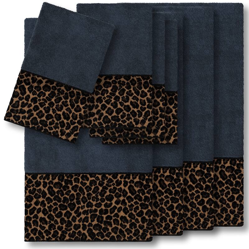 Authentic Hotel and Spa Turkish Cotton Cheetah Jacquard Trim Midnight Blue 8-piece Towel Set - Navy Blue
