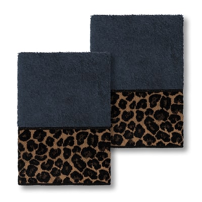 Authentic Hotel and Spa Turkish Cotton Cheetah Jacquard Trim Midnight Blue 2-piece Washcloth Set