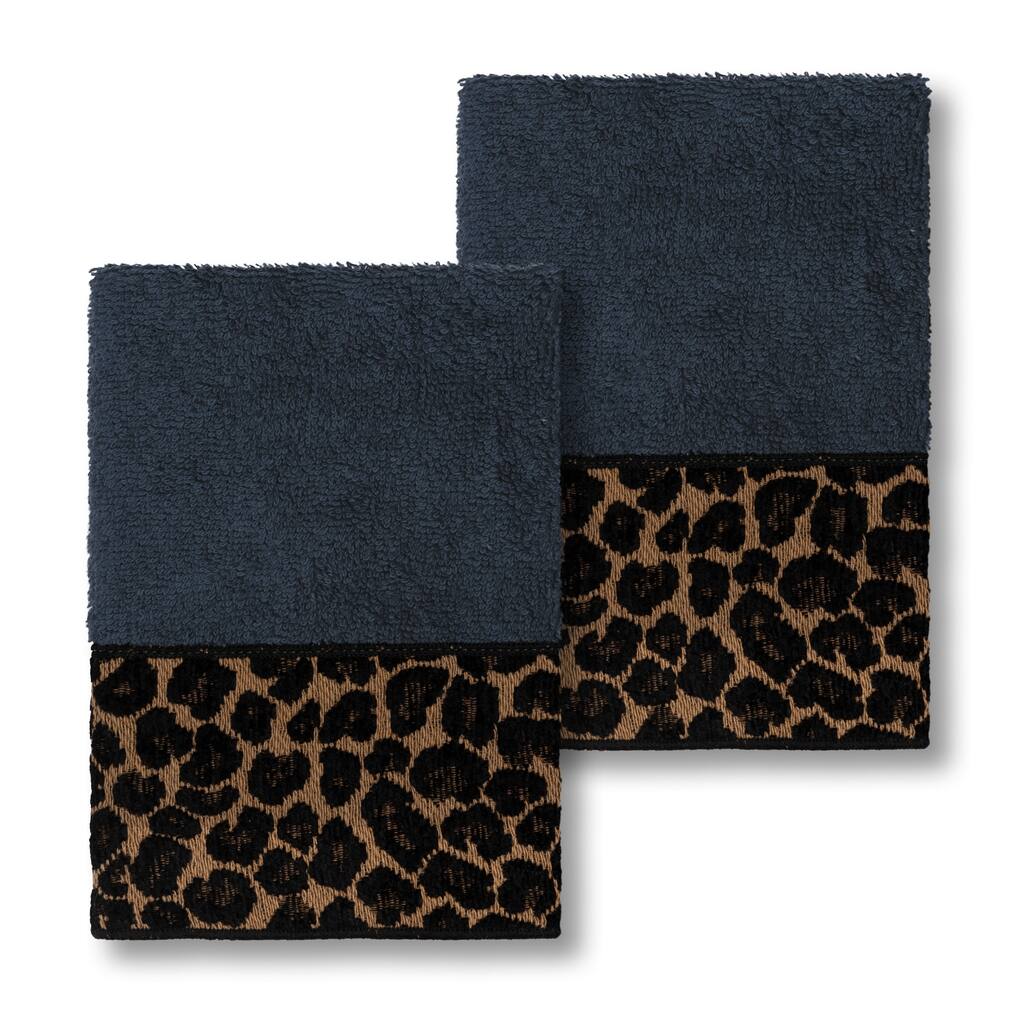 Authentic Hotel and Spa Turkish Cotton Cheetah Jacquard Trim Midnight Blue 2-piece Washcloth Set