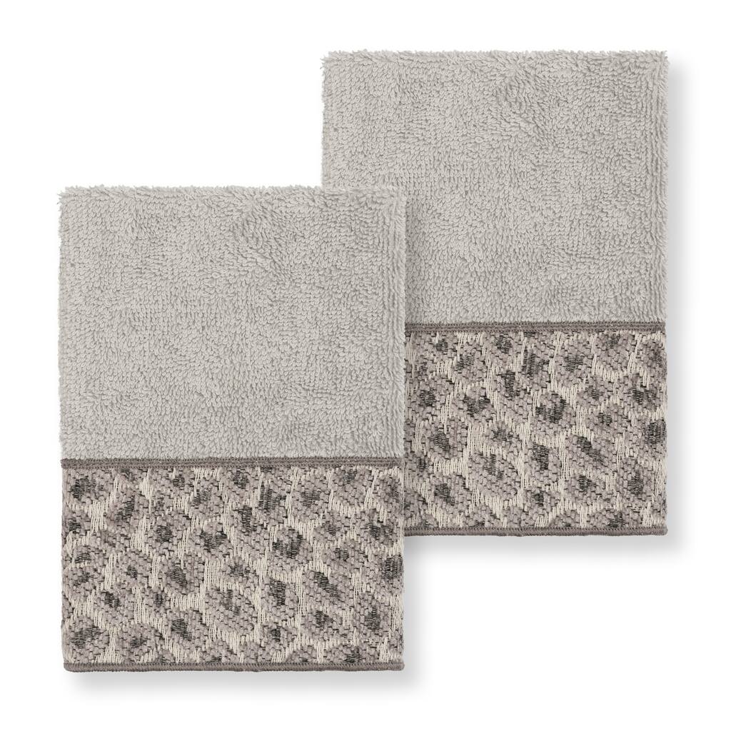 Authentic Hotel and Spa Turkish Cotton Cheetah Jacquard Trim Light Grey 2-piece Washcloth Set