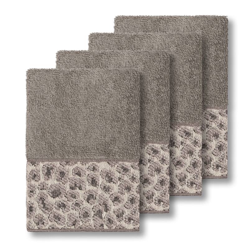 Authentic Hotel and Spa Turkish Cotton Cheetah Jacquard Trim Dark Grey 4-piece Washcloth Set