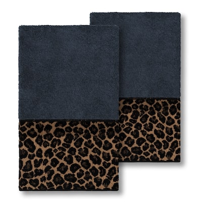 Authentic Hotel and Spa Turkish Cotton Cheetah Jacquard Trim Midnight Blue 2-piece Hand Towel Set