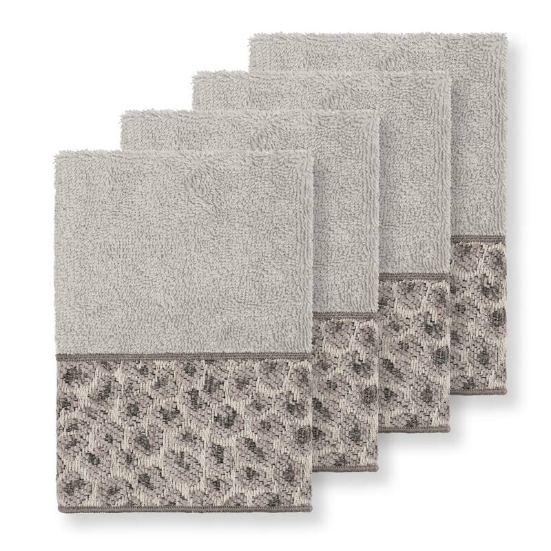 Authentic Hotel and Spa Turkish Cotton Cheetah Jacquard Trim Light Grey 4-piece Washcloth Set