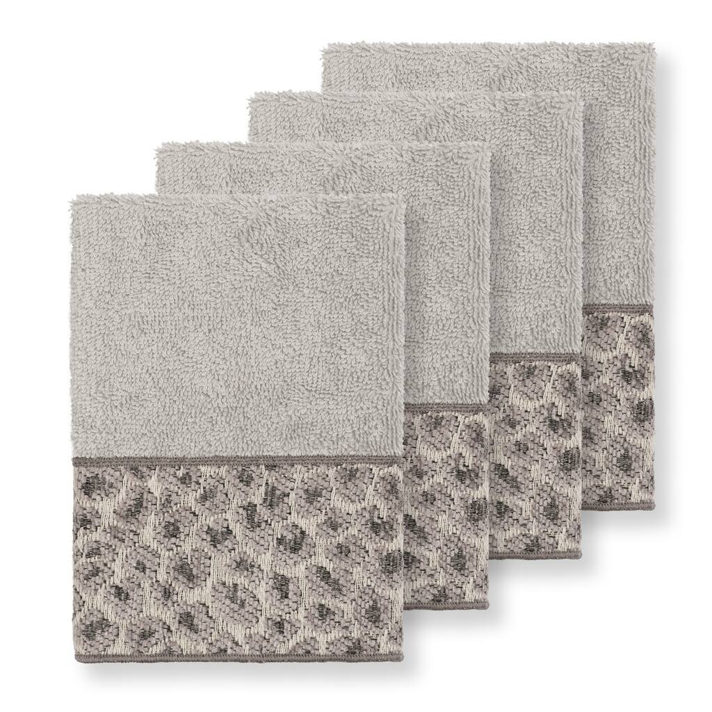 Authentic Hotel and Spa Turkish Cotton Cheetah Jacquard Trim Light Grey 4-piece Washcloth Set