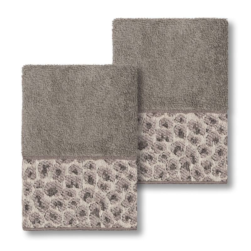 Authentic Hotel and Spa Turkish Cotton Cheetah Jacquard Trim Dark Grey 2-piece Washcloth Set