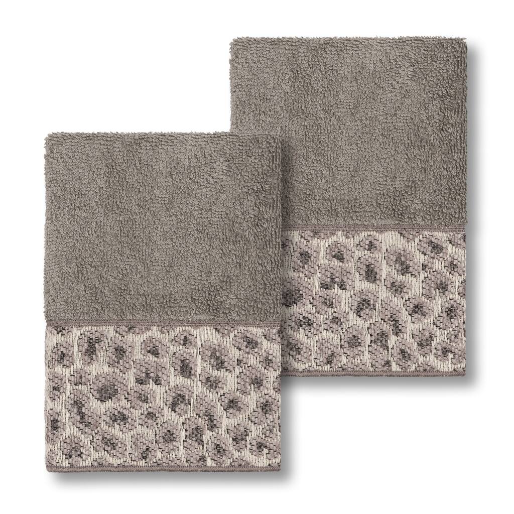 Authentic Hotel and Spa Turkish Cotton Cheetah Jacquard Trim Dark Grey 2-piece Washcloth Set