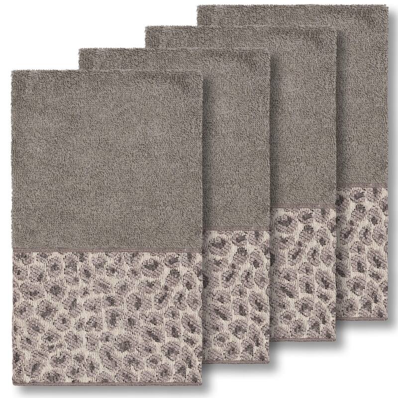 Authentic Hotel and Spa Turkish Cotton Cheetah Jacquard Trim Dark Grey 4-piece Hand Towel Set - Charcoal