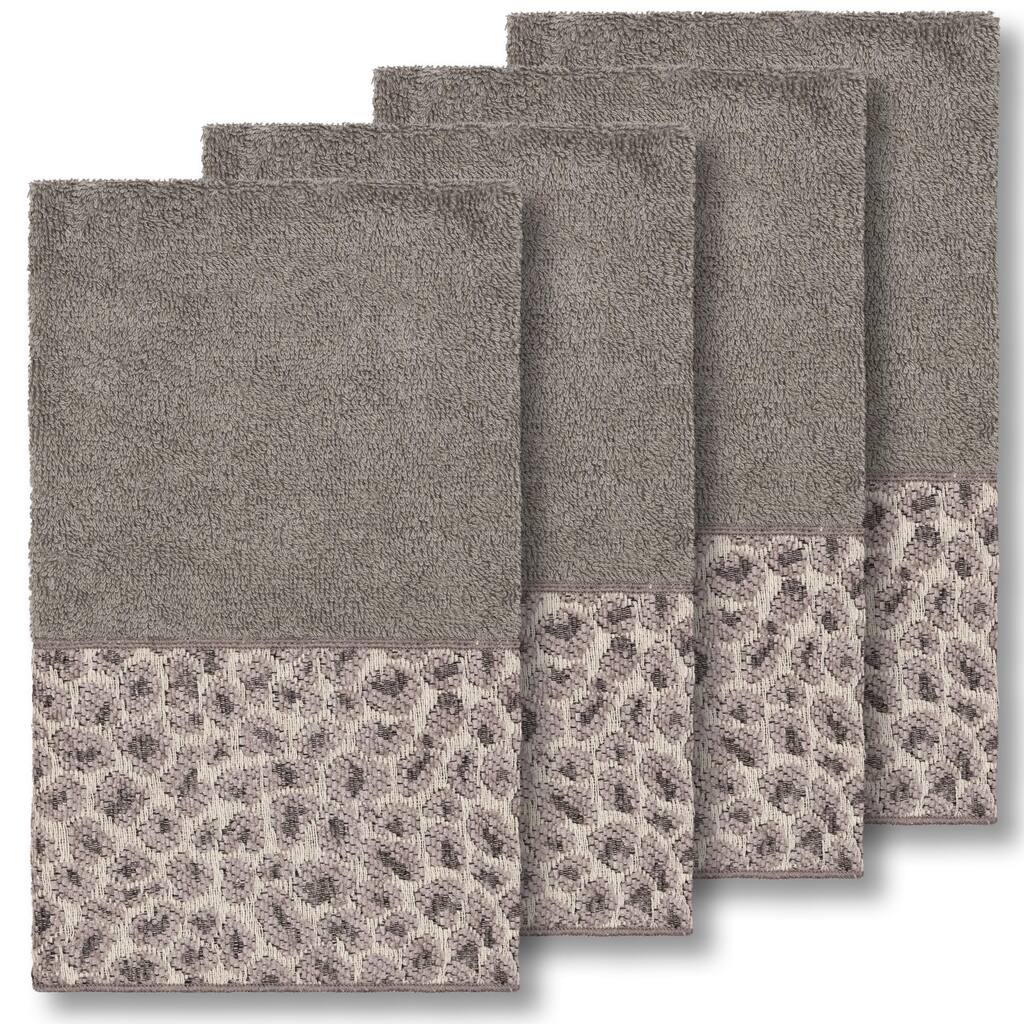 Authentic Hotel and Spa Turkish Cotton Cheetah Jacquard Trim Dark Grey 4-piece Hand Towel Set