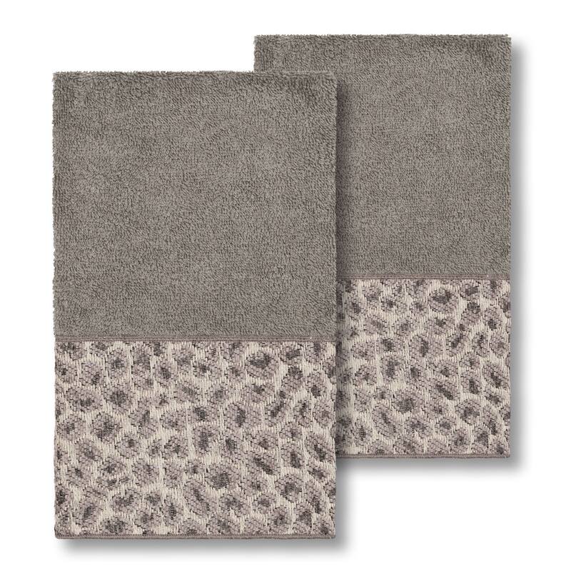 Authentic Hotel and Spa Turkish Cotton Cheetah Jacquard Trim Dark Grey 2-piece Hand Towel Set