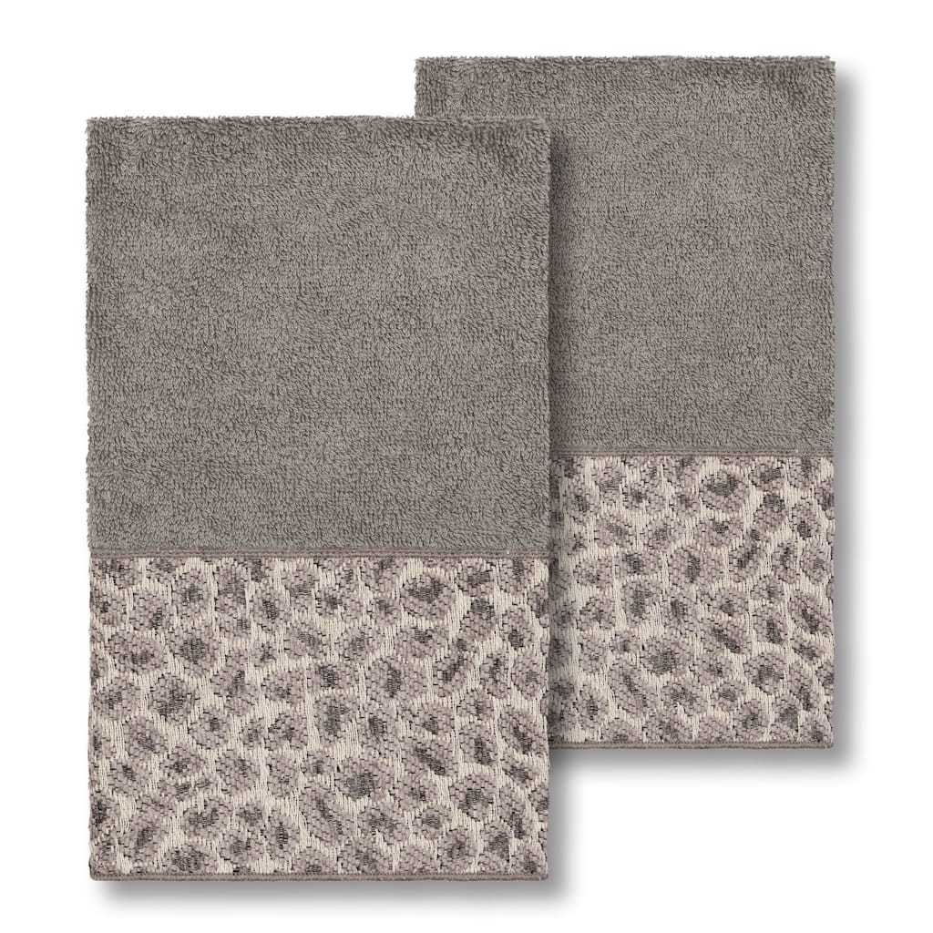Authentic Hotel and Spa Turkish Cotton Cheetah Jacquard Trim Dark Grey 2-piece Hand Towel Set