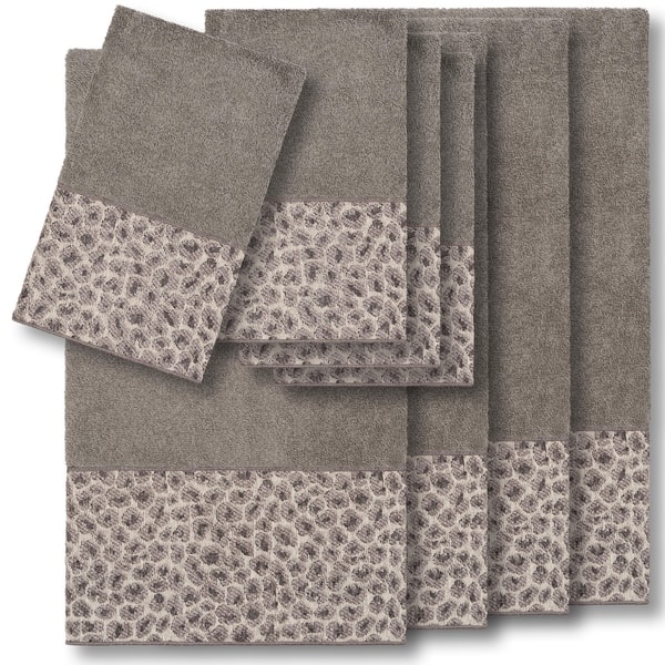 Authentic Hotel and Spa Turkish Cotton Cheetah Jacquard Trim Dark Grey 4-Piece Bath Towel Set - Charcoal