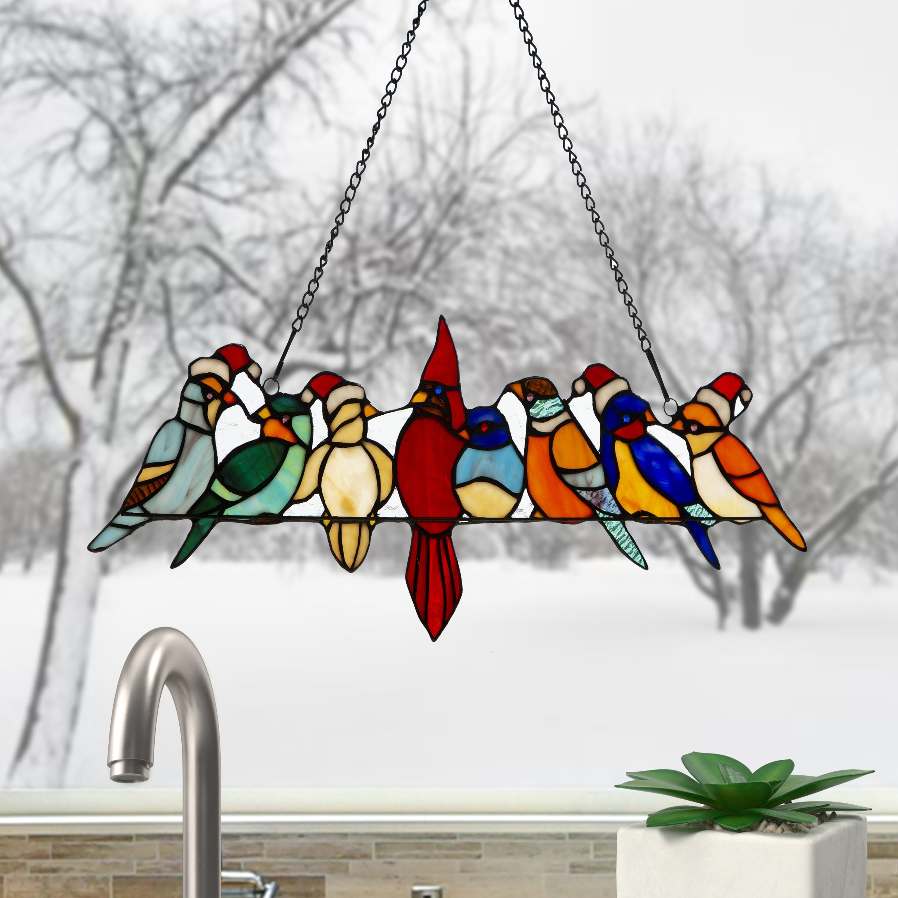 River of Goods Holiday Birds on a Wire Tiffany-Style Stained Glass Window Panel - 23.25"L x 0.25"W x 9"H