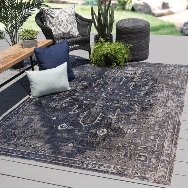 The Curated Nomad Clarion Indoor/ Outdoor Medallion Blue/ Black Area Rug - 5' x 7'6"