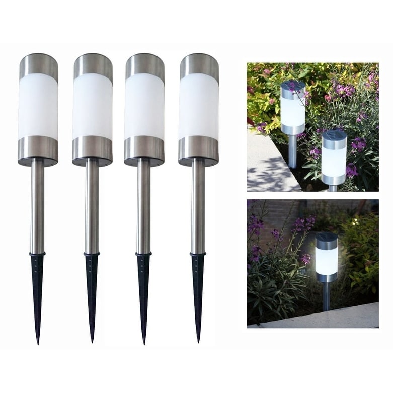 4pc Tall Stainless Steel Solar Powered LED Garden Lighting Driveway Path Lights