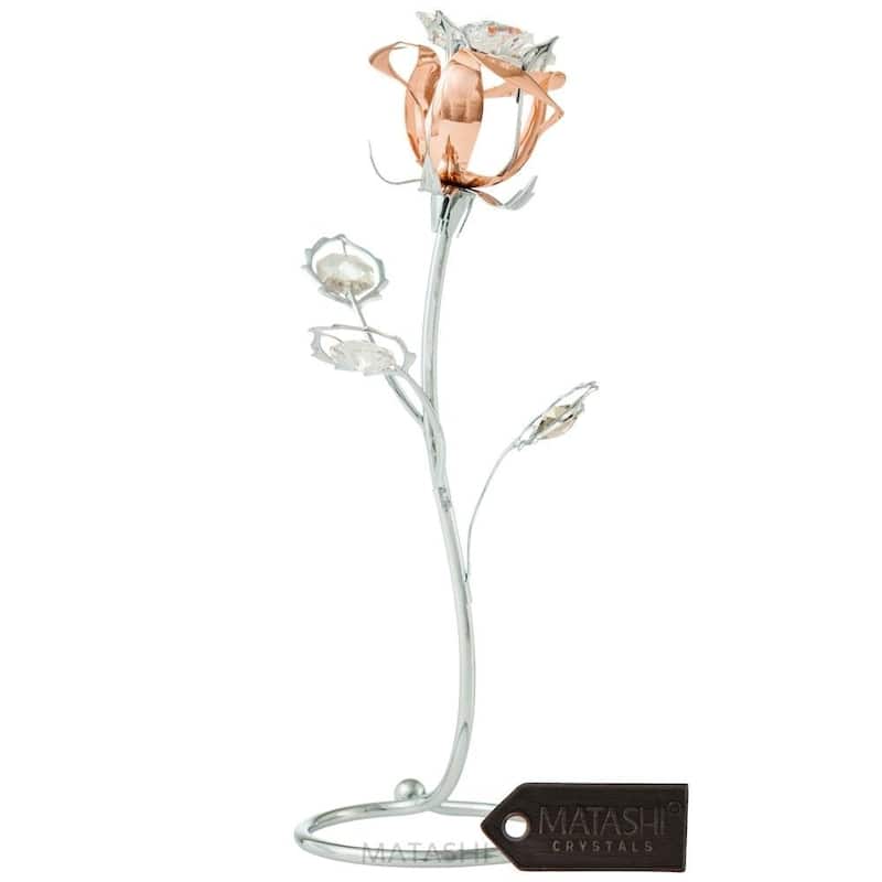 Rose Flower Tabletop Ornament w/Clear Matashi Crystals - chrome & rose gold plated
