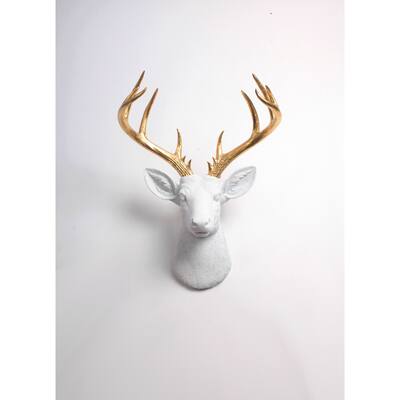 The XL Alfred, White Deer Head Wall Mount W/ Gold Antlers by White Faux Taxidermy