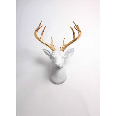 The XL Alfred, White Deer Head Wall Mount W/ Gold Antlers by White Faux Taxidermy