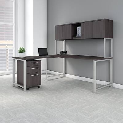 Bush 400 Series 72W x 30D L Desk, Hutch, 42W Return & 3 Drawer File