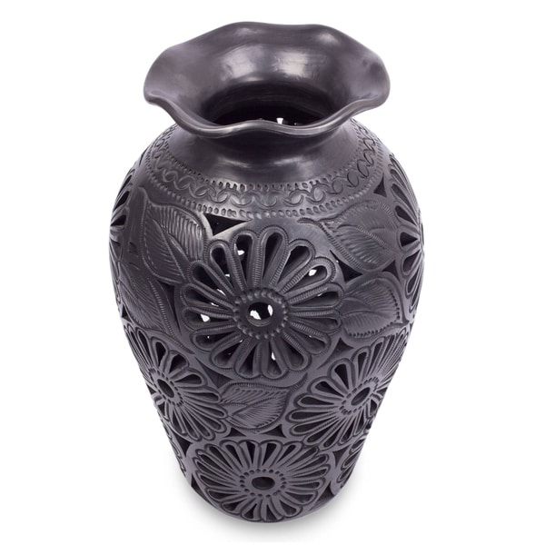 Handmade Black Ruffled Dahlias Decorative Ceramic Vase (Mexico)