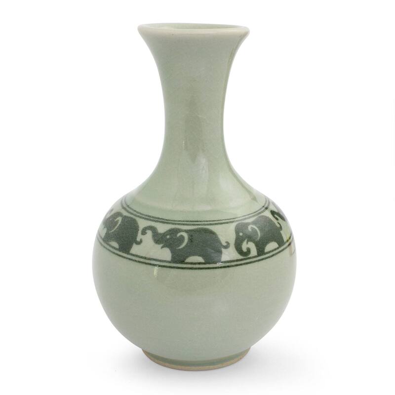Handmade Green Prancing Elephants Celadon Ceramic Vase (Thailand)