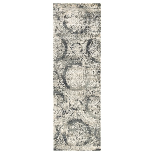 Carrick Damask Gray/ Ivory Runner Rug - 2'8" x 8' Runner