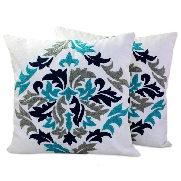 Handmade Fresh Leaves Cotton / Acrylic Thread Cushion Cover Pair (India). Opens flyout.