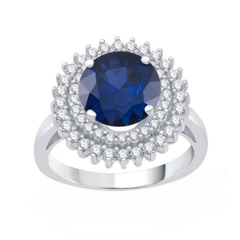 Sterling Silver with Blue Sapphire and Natural White Topaz Halo Ring