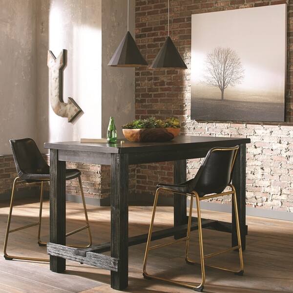 Craftsman Design Counter Height Dining Set With Black Leather And Antique Brass Stools