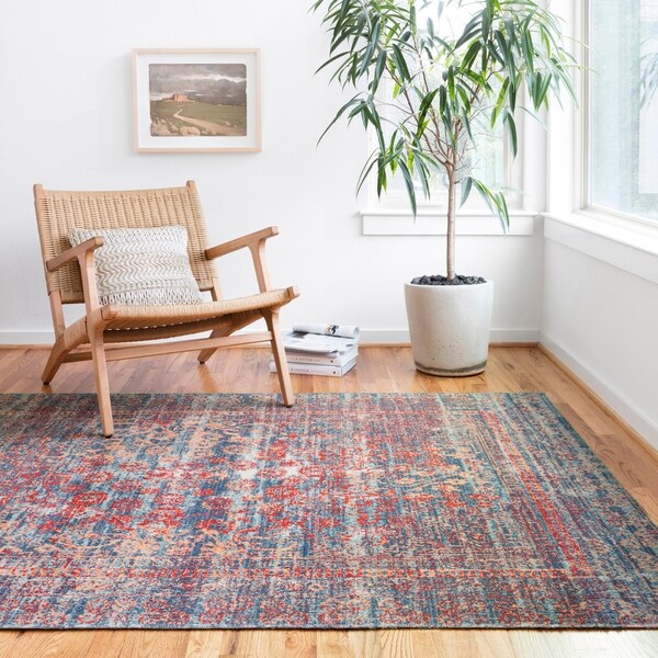Persian-inspired Red/ Navy Vintage Floral Medallion Area Rug - 9' x 13'3"