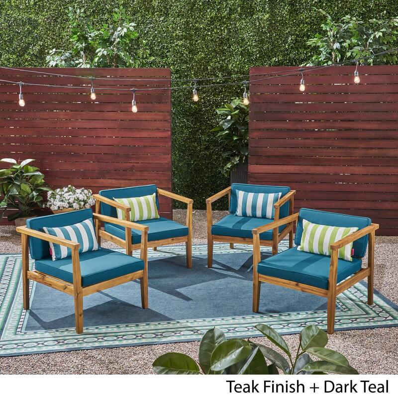 Newbury Outdoor Acacia Wood Club Chairs with Water-Resistant Cushions (Set of 4) by Christopher Knight Home