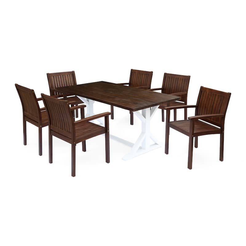 Cassia Outdoor Rustic Farmhouse Acacia Wood 7 Piece Dining Set by Christopher Knight Home - dark brown + white