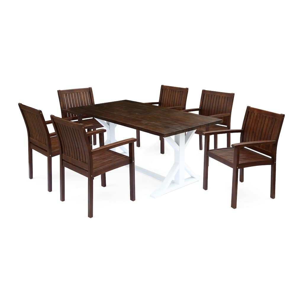 Cassia Outdoor Rustic Farmhouse Acacia Wood 7 Piece Dining Set by Christopher Knight Home