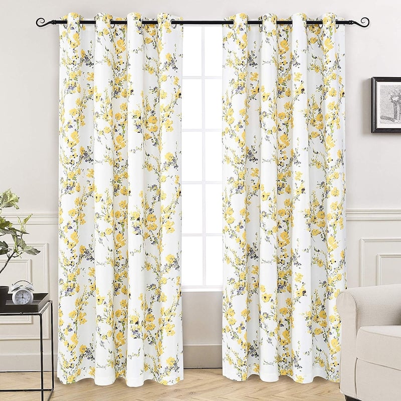 DriftAway Blossom Botanic Lined Thermal Insulated Blackout Grommet Window Curtain Panel Pair - 52" width x 84 " length - Yellow