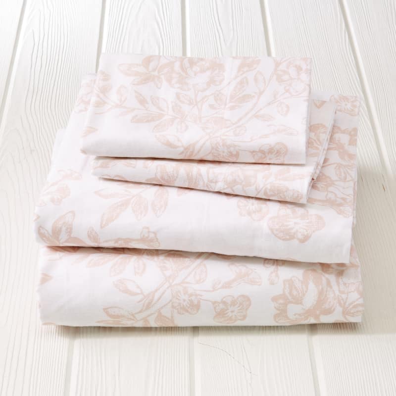 Great Bay Home Extra Soft 100% Turkish Cotton Flannel Printed Bed Sheet Set - toile - blush pink - King
