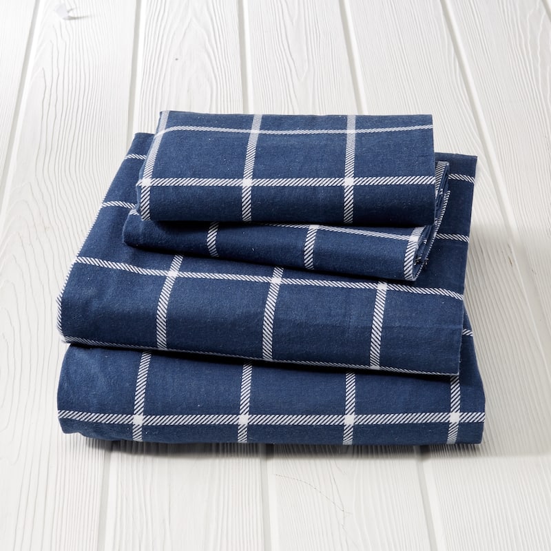 Great Bay Home Extra Soft 100% Turkish Cotton Flannel Printed Bed Sheet Set - windowpane - navy / white - Twin