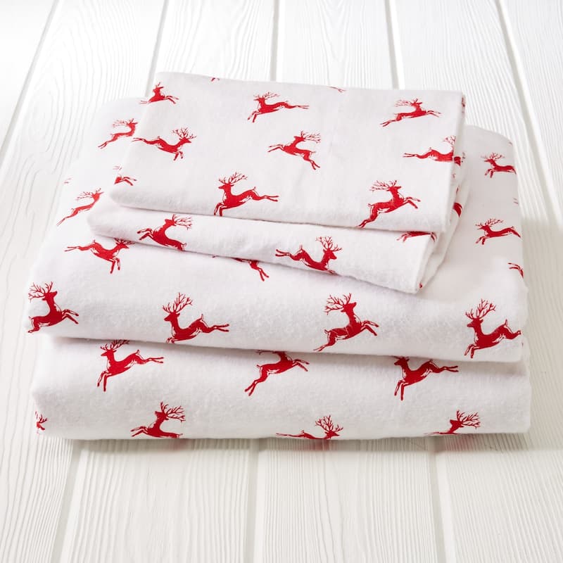 Great Bay Home Extra Soft 100% Turkish Cotton Flannel Printed Bed Sheet Set - reindeer - Twin