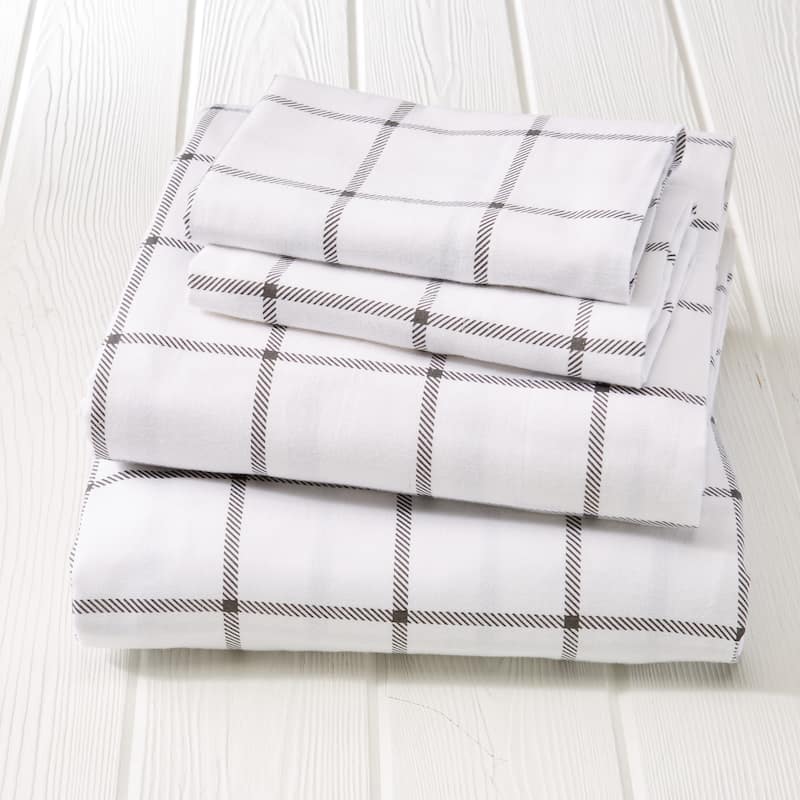Great Bay Home Extra Soft 100% Turkish Cotton Flannel Printed Bed Sheet Set - windowpane - white / grey - Twin