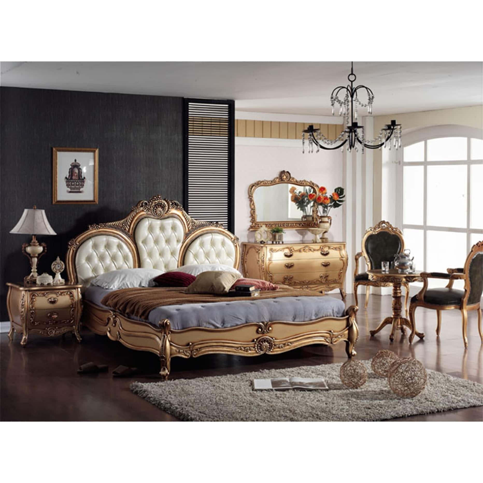 Gold White French Queen Bedroom Set Made From All Solid Mahogany Wood Includes Bed 2 Side End Tables Dressor And Mirror